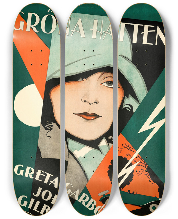 Triptych art skateboard deck of Eric Rohman A Woman Of Affairs by Eric Rohman (1891-1949)