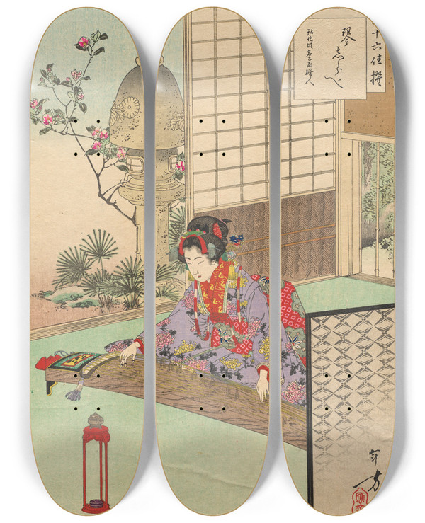 Triptych art skateboard deck of Toshikata Mizuno Playing The Koyo A Lady From Nagoya Of The Koka Era 184448 From The Series Thirtysix Elegant Selections by Toshikata Mizuno (1866-1908)