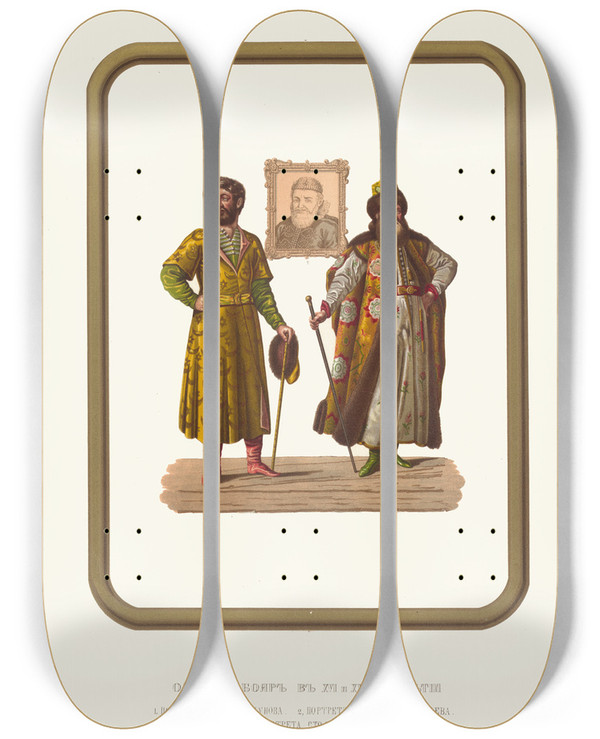 Triptych art skateboard deck of Fedor Grigoryevich Solntsev Odezhda Boiar V Xvi I Xvii Stoletii Polevoe Plate Godunova Portret Afanasiia Vlaseva Portret Stolnika Petra Potemkina by Fedor Grigoryevich Solntsev (1801-1892)