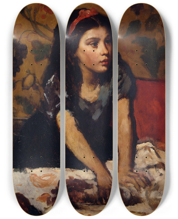 Triptych art skateboard deck of Anton Romako Naschendes Mdchen by Anton Romako (1832-1889)