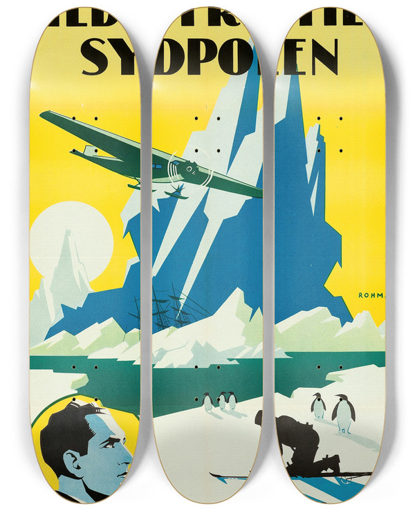 Triptych art skateboard deck of Eric Rohman With Byrd At The South Pole_1 by Eric Rohman (1891-1949)