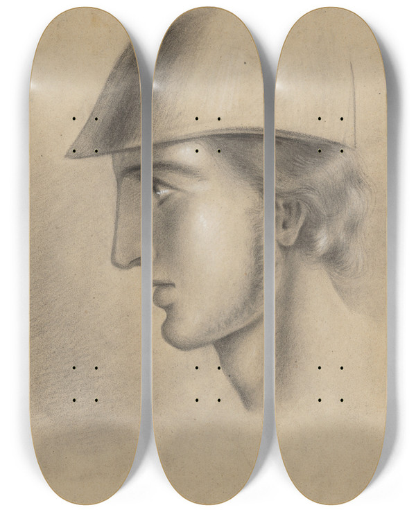Triptych art skateboard deck of Ladislav Mednynszky The Head Of A Young Man In A Helmet by Ladislav Mednyanszky (1852-1919)