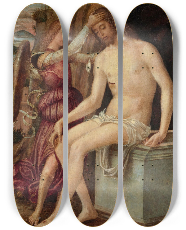 Triptych art skateboard deck of Giovanni Francesco Maineri The Resurrected Christ With An Angel by Giovanni Francesco Maineri (1489-1506)