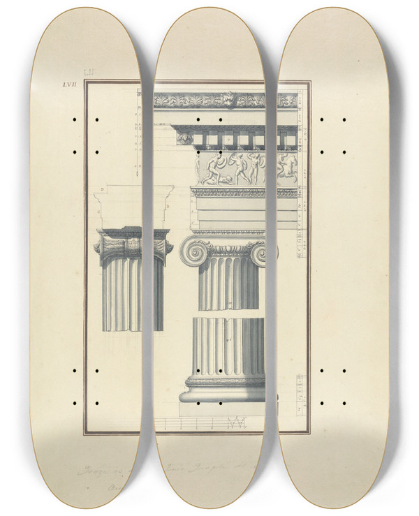 Triptych art skateboard deck of Giovanni Battista Borra Details Of The Ionic Temple At Toreh by Giovanni Battista Borra (1713-1770)
