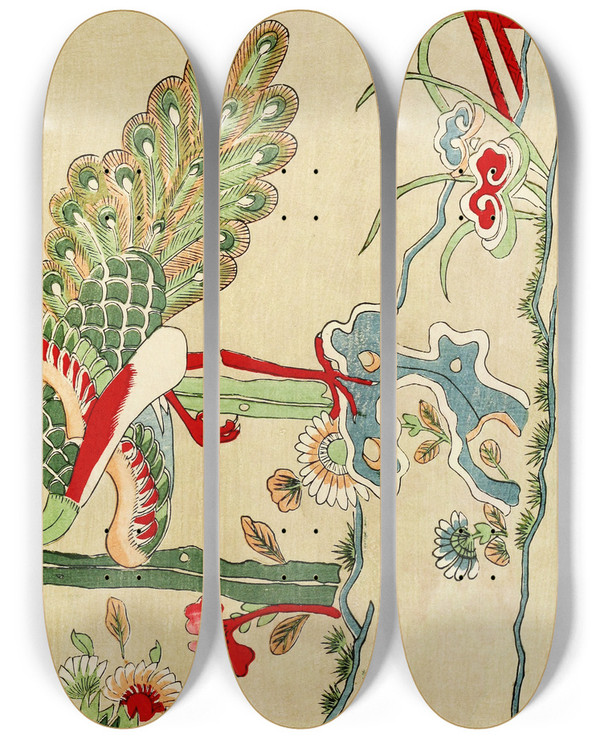 Triptych art skateboard deck of A F Stoddard Company Chinese Prints Pl58 by A F Stoddard Company (1871-1894)
