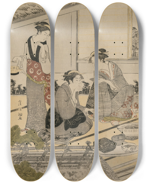 Triptych art skateboard deck of Kubo Shunman Women In A Tea House by Kubo Shunman (1757-1820)
