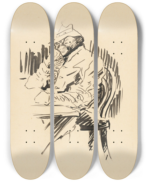 Triptych art skateboard deck of Arnold Peter Weiszkubnan At The Table Study by Arnold Peter Weisz-Kubnan (1898-1944)