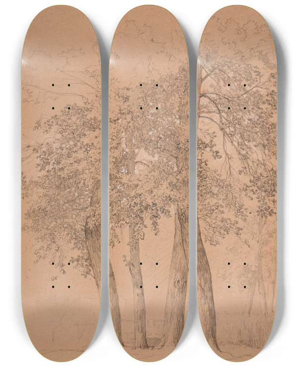 Triptych art skateboard deck of Jacquesraymond Brascassat Quatre Arbres by Jacques Raymond Brascassat (1804-1867)