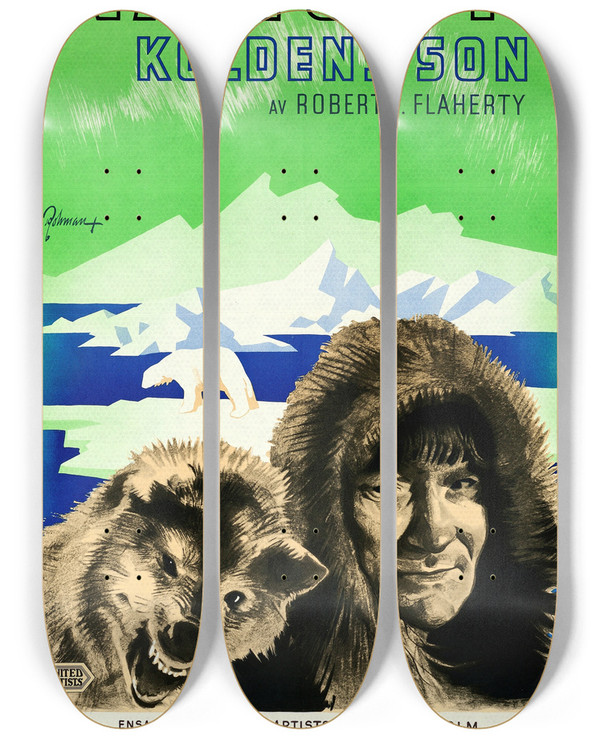 Triptych art skateboard deck of Eric Rohman Nanook Of The North by Eric Rohman (1891-1949)