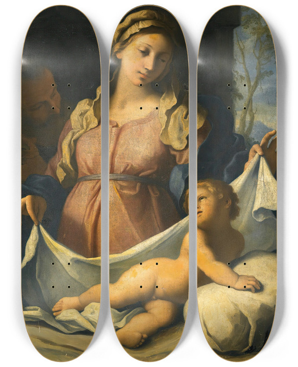 Triptych art skateboard deck of Gian Domenico Cerrini The Holy Family by Gian Domenico Cerrini (1609-1681)