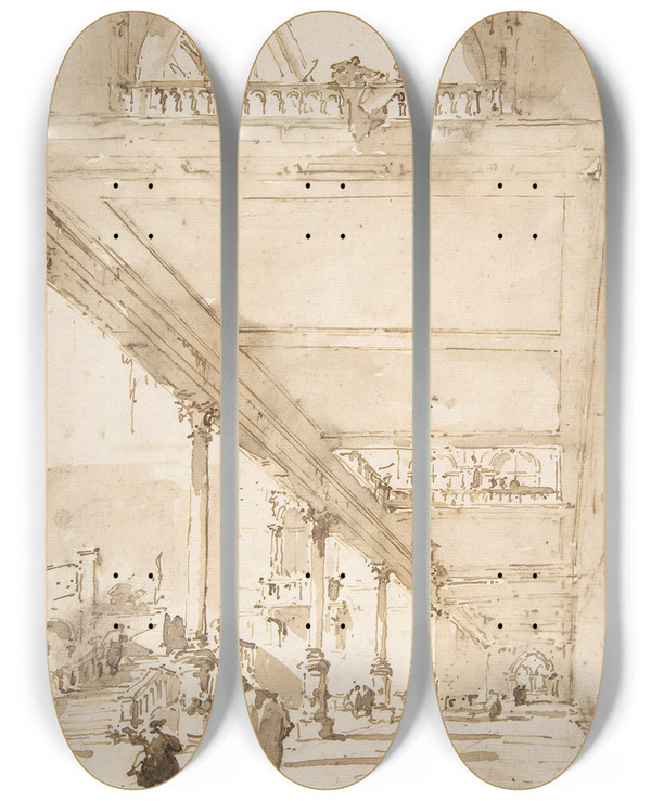 Triptych art skateboard deck of Francesco Guardi Architectural Capriccio A Palace Colonnade by Francesco Guardi (1712-1793)