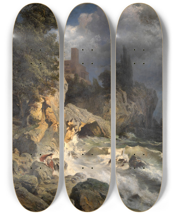Triptych art skateboard deck of Edmund Kanoldt Landschaft Mit Hero Leander Erwartend by Edmund Kanoldt (1845-1904)