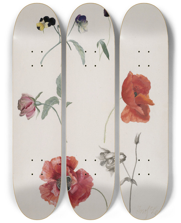 Triptych art skateboard deck of Josef Lauer Blumen by Josef Lauer (1818-1881)