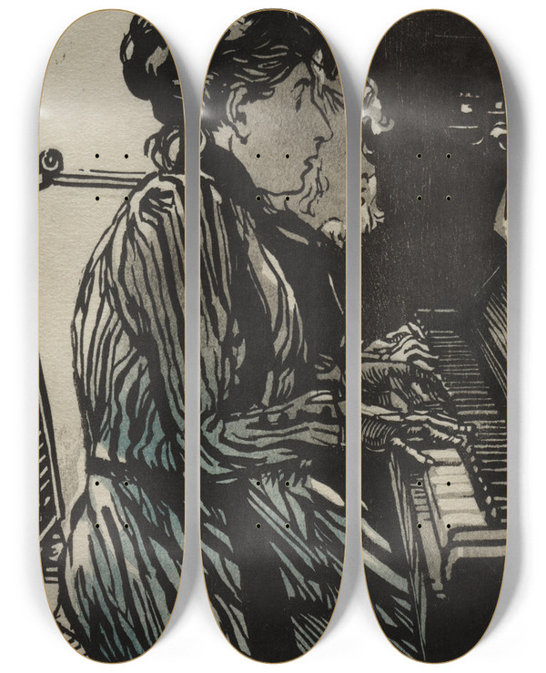Triptych art skateboard deck of Auguste Louis Lepre Etude A Quatre Mains by Auguste Louis Lepere (1849-1918)