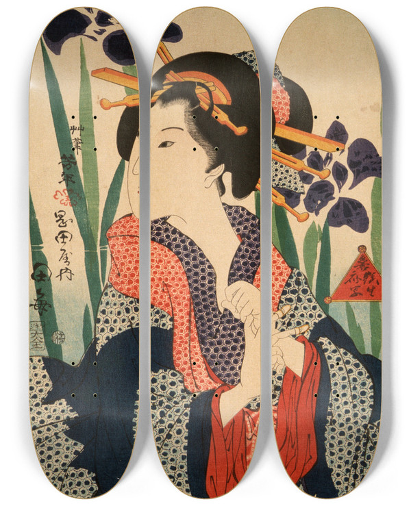 Triptych art skateboard deck of Tsukioka Yoshitoshi The Courtesan by Tsukioka Yoshitoshi (1839-1892)