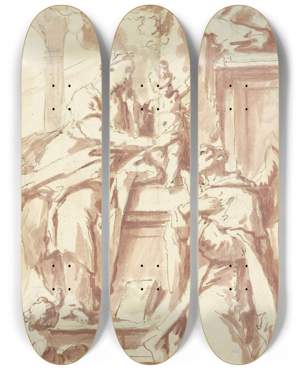 Triptych art skateboard deck of Gaspare Diziani Ein Mnch Mit Flgeln Verehrt Die Madonna by Gaspare Diziani (1689-1767)