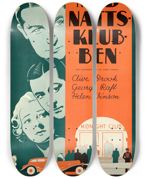 Triptych art skateboard deck of Eric Rohman Midnight Club by Eric Rohman (1891-1949)