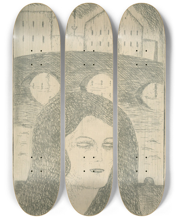Triptych art skateboard deck of Mikul Galanda Melanchlia by Mikulas Galanda (1895-1938)