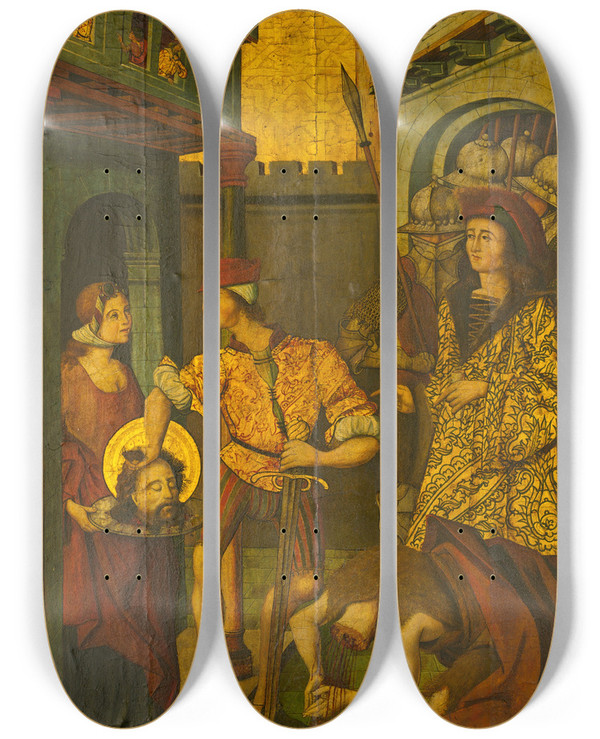 Triptych art skateboard deck of Master Of Palanquinos The Beheading Of Saint John The Baptist by Master Of Palanquinos (1470-1500)