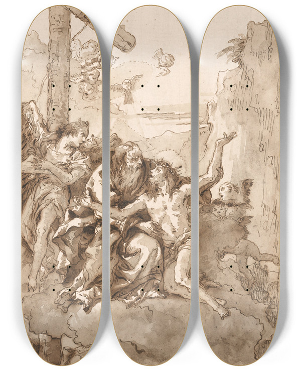 Triptych art skateboard deck of Giovanni Domenico Tiepolo The Trinity In Theclouds by Giovanni Domenico Tiepolo (1727-1804)