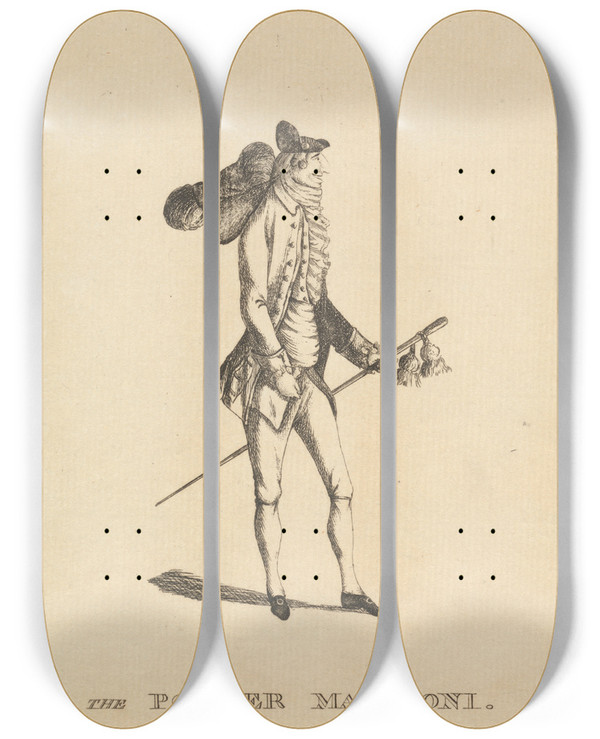 Triptych art skateboard deck of Mary Darly The Porter Macaroni by Mary Darly (1756-1779)