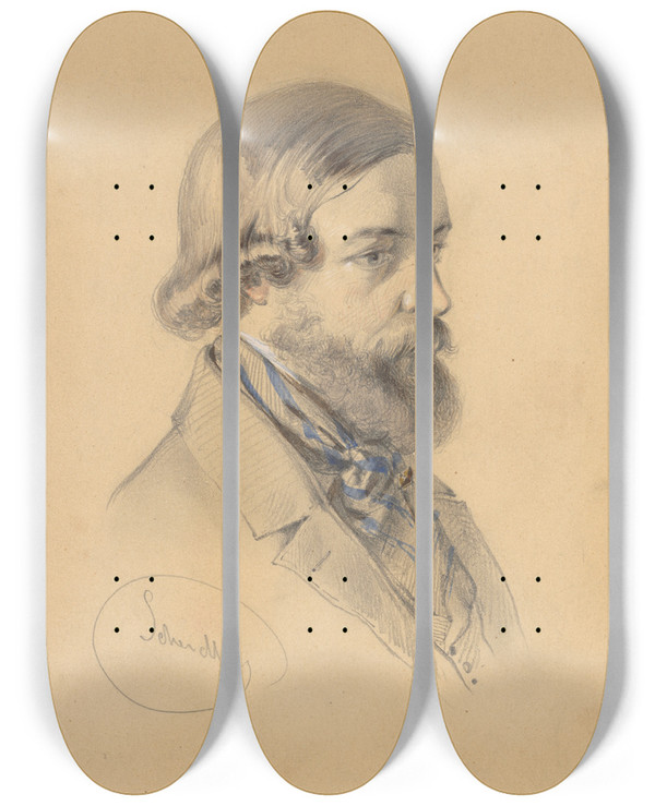 Triptych art skateboard deck of Friedrich Carl Von Scheidlin Study Of A Bearded Man by Friedrich Carl Von Scheidlin (1822-1913)