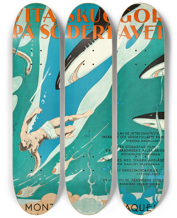 Triptych art skateboard deck of Eric Rohman White Shadows In The South Seas by Eric Rohman (1891-1949)