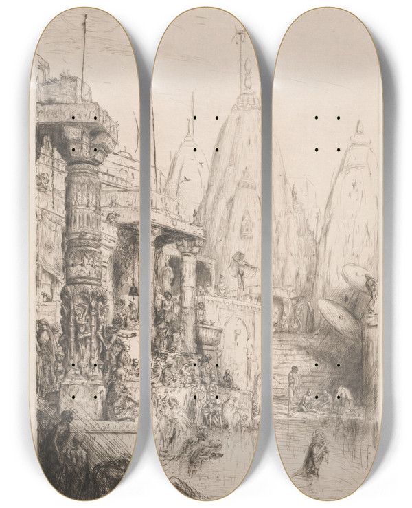 Triptych art skateboard deck of Marius Bauer Tempel Met Figuren Aan De Ganges by Marius Bauer (1867-1932)
