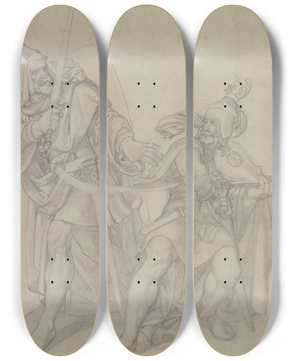Triptych art skateboard deck of Ferdinand Fellner Wie Hagen Und Volker Schildwache Halten by Ferdinand Fellner (1799-1859)