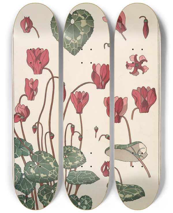 Triptych art skateboard deck of Maurice Pillard Verneuil Cyclamen by Maurice Pillard Verneuil (1869-1942)