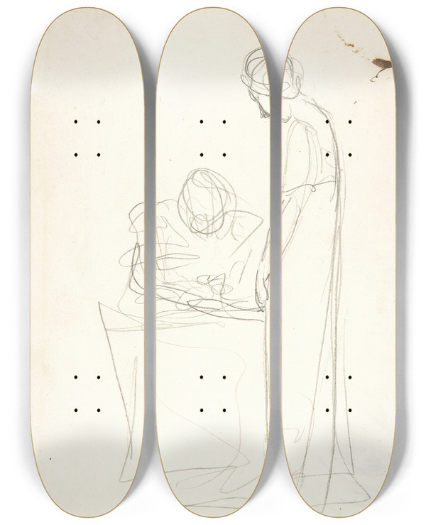 Triptych art skateboard deck of George Romney Study Of Two Figures One Seated The Other Standing by George Romney (1734-1802)