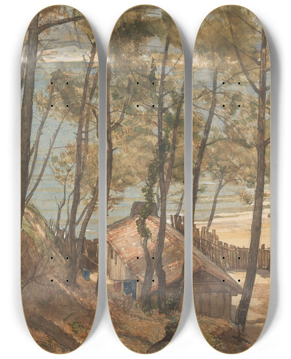 Triptych art skateboard deck of August Alleb Gezicht Vanaf Een Heuvel Op Een Huisje Aan De Golf Van Arcachon by August Allebe (1838-1927)