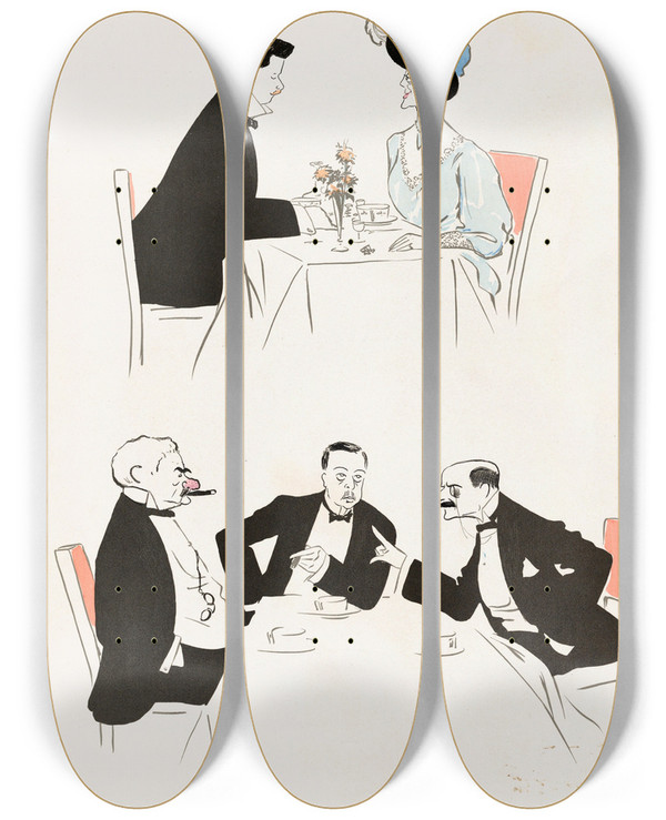 Triptych art skateboard deck of Georges Goursat Sem A Lhotel De Paris Two Tables One With J P Morgan by Georges Goursat (Sem) (1863-1934)