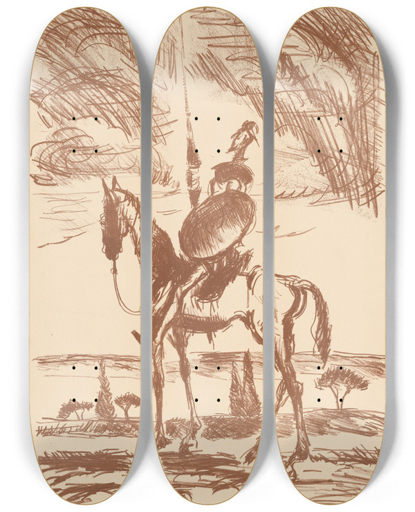 Triptych art skateboard deck of Cyprin Majernk Don Quijote_1 by Cyprian Majernik (1909-1945)
