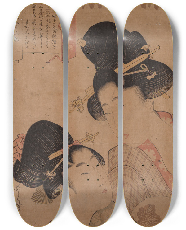 Triptych art skateboard deck of Kitagawa Utamaro Two Courtesans by Kitagawa Utamaro (1753-1806)