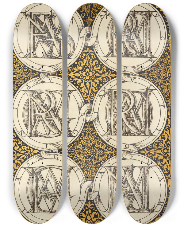 Triptych art skateboard deck of Joris Hoefnagel Superimposed Letters Spelling The Names Of Illustrious Women Of Ancient Rome by Joris Hoefnagel (1542-1600)