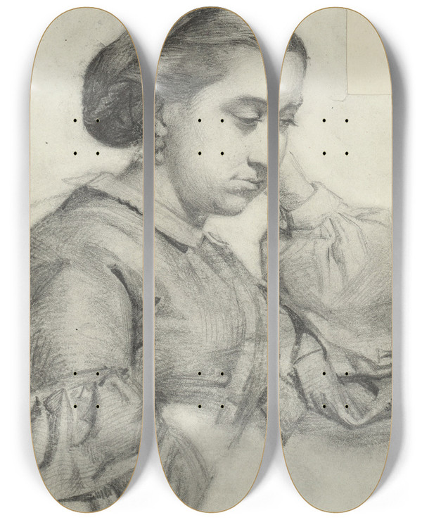Triptych art skateboard deck of Mariano Fortuny Marsal Bust Of A Young Lady by Mariano Fortuny Marsal (1838-1874)