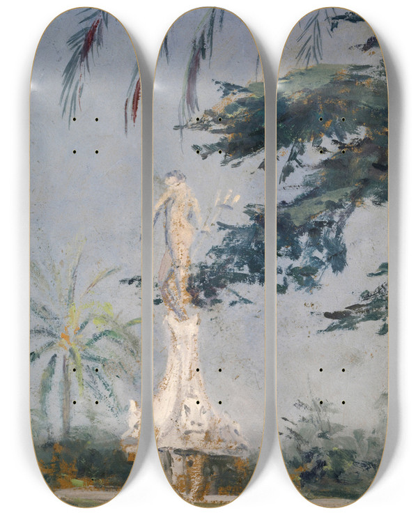 Triptych art skateboard deck of Ernst Schiess The Fountain Of Neptune In Sevilla by Ernst Schiess (1872-1919)