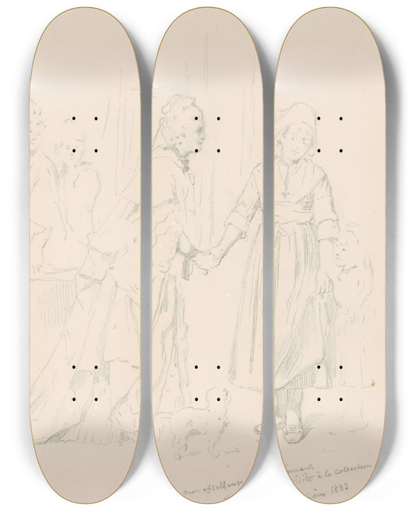 Triptych art skateboard deck of Charles Baugniet Genre Scene by Charles Baugniet (1814-1886)