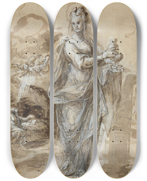 Triptych art skateboard deck of Biagio Pupini Mary Magdalene_1 by Biagio Pupini (1511-1551)