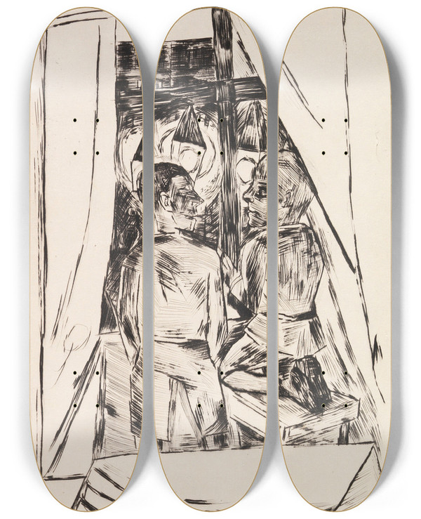 Triptych art skateboard deck of Max Beckmann Kinder Am Fenster by Max Beckmann (1884-1950)