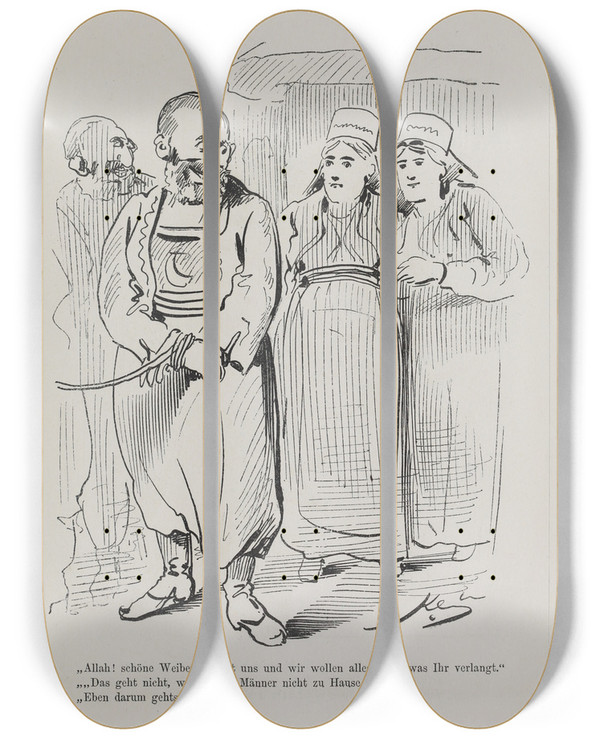 Triptych art skateboard deck of Karel Klic Bilderbuch Fur Hagestolze Pl075 by Karel Klic (1841-1926)