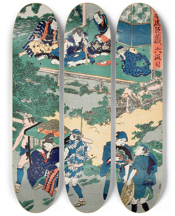 Triptych art skateboard deck of Utagawa Kunisada Toyokuni Iii Act Vi Kampei Signing The Roll Of The Fortyseven Rnin Okaru After Being Sold Is Taken By Palanquin To Kyoto Brothel by Utagawa Kunisada (Toyokuni III) (1786-1865)