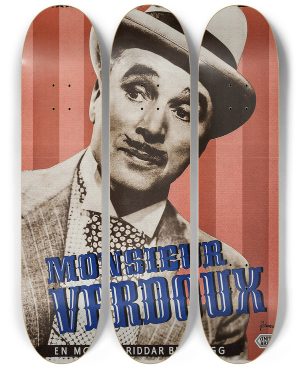 Triptych art skateboard deck of Eric Rohman Monsieur Verdoux by Eric Rohman (1891-1949)