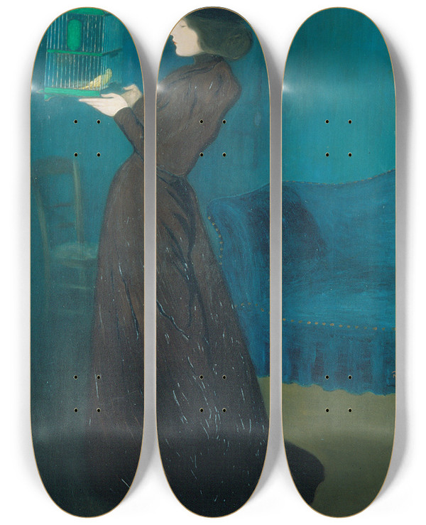Triptych art skateboard deck of Jzsef Ripplrnai Woman With A Birdcage by Jozsef Rippl Ronai (1861-1927)