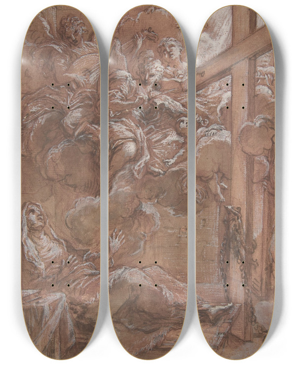 Triptych art skateboard deck of Giuseppe Passeri The Ecstacy Of The Blessed Giacinta Marescotti by Giuseppe Passeri (1654-1714)