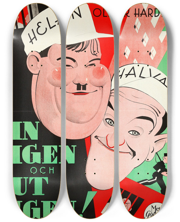 Triptych art skateboard deck of Eric Rohman Pardon Us by Eric Rohman (1891-1949)