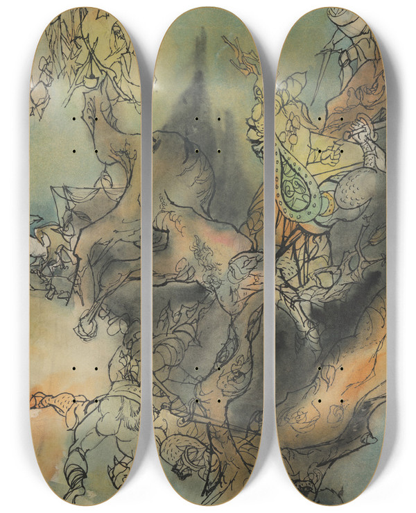 Triptych art skateboard deck of Jn Novk Story For A Fullpage Illustration For A Fairytale by Jan Novak (1921-1944)