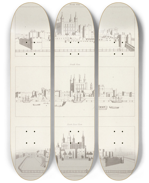Triptych art skateboard deck of James Basire The Younger Three Views Of The Tower Of London by James Basire The Younger