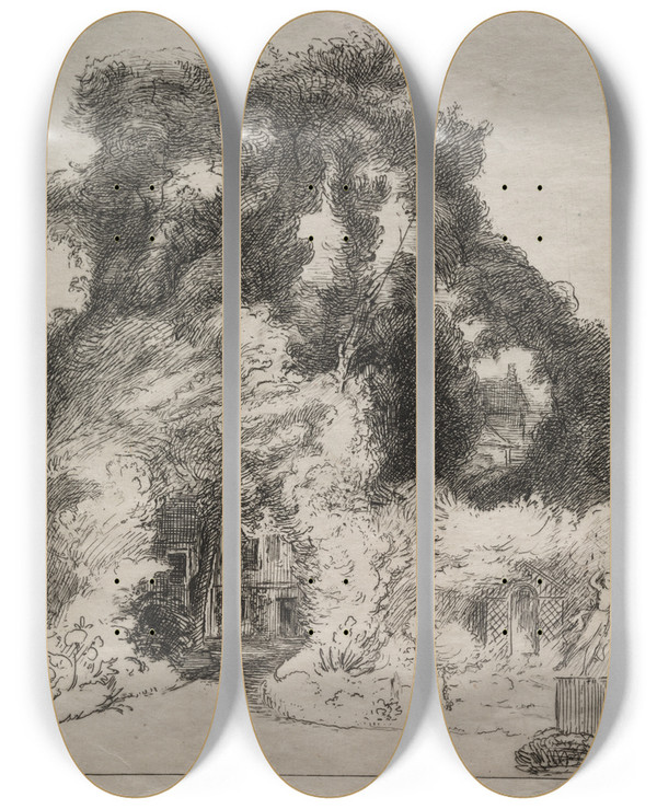 Triptych art skateboard deck of Flix Bracquemond The Garden Of The Inn At Dulwich by Felix Bracquemond (1833-1914)